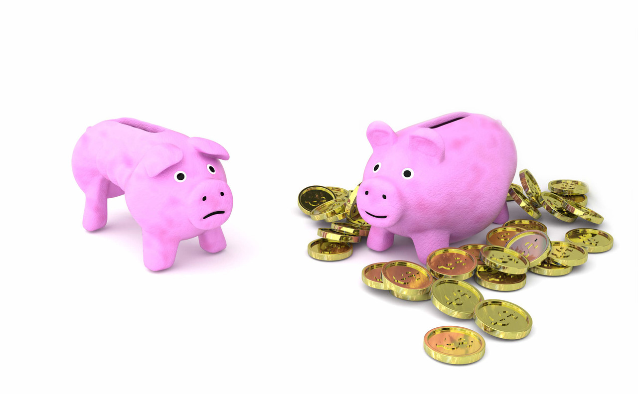 Two piggy bags. One fat(rich) standing in money, and one slim(poor) standing without a dime