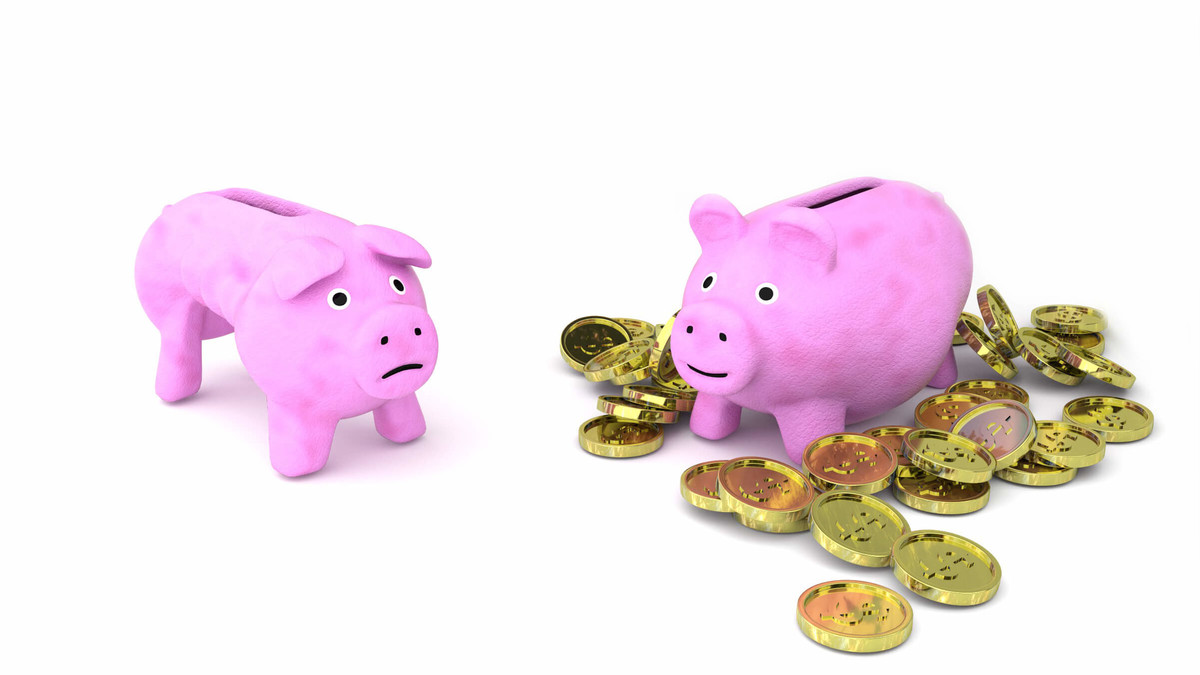Two piggy bags. One fat(rich) standing in money, and one slim(poor) standing without a dime
